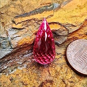 20.2 Carat Hot Pink Quartz Briolette Bead, NWT, Drilled, 21mmx10mm